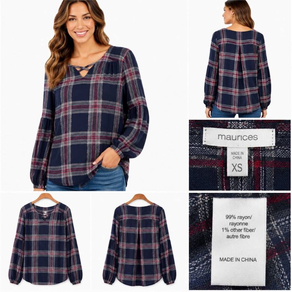 Maurices XS Navy Plaid Long Sleeve Peasant Blouse